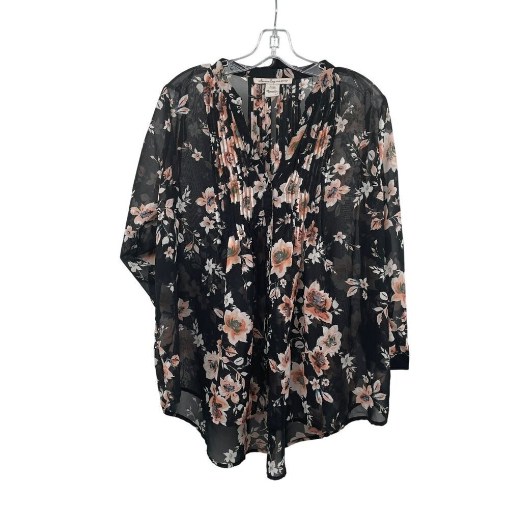 American Rag Womens Sheer Button Up Top Black/Multi Floral Size Medium